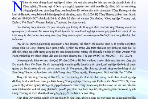 Thứ trưởng Nguyễn Sinh Nhật Tân gửi thư chào mừng doanh nghiệp tham gia Giải thưởng Công nghiệp, Thương mại, Dịch vụ Việt Nam