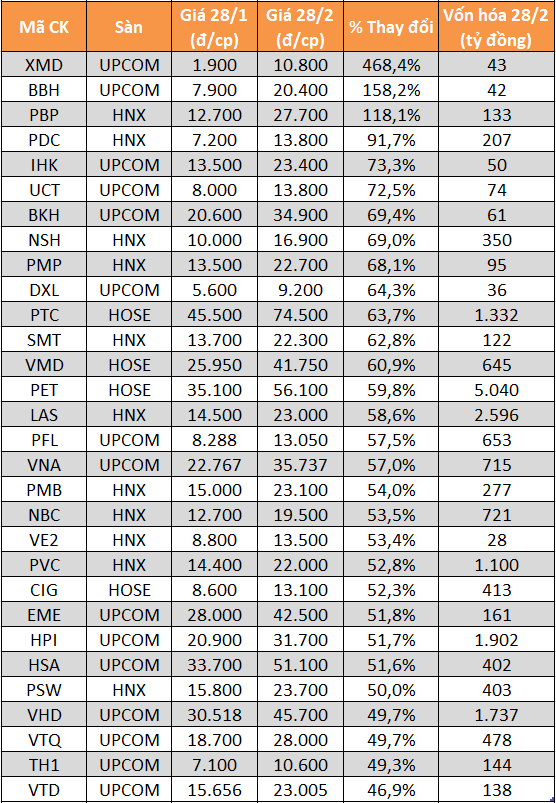 Cổ phiếu tăng, giảm mạnh nhất tháng 2: Có mã tăng 470% - Ảnh 2.