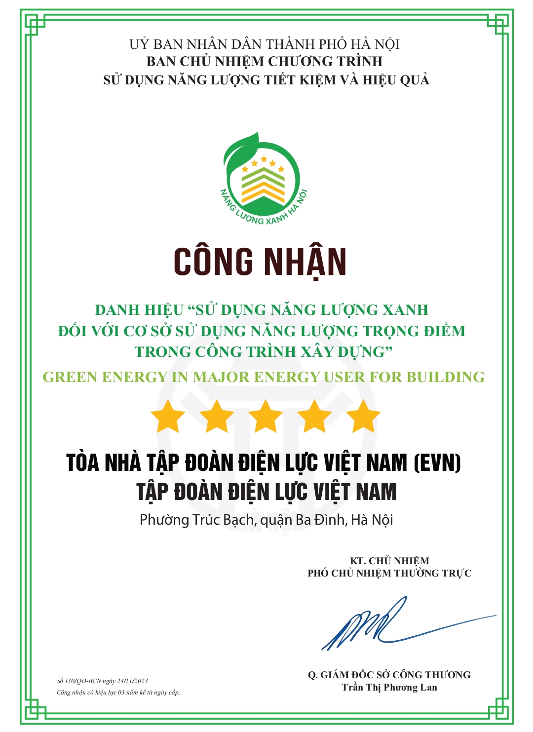 Tòa nhà EVN đạt danh hiệu Cơ sở sử dụng năng lượng xanh trọng điểm trong  công trình xây dựng (5 sao)