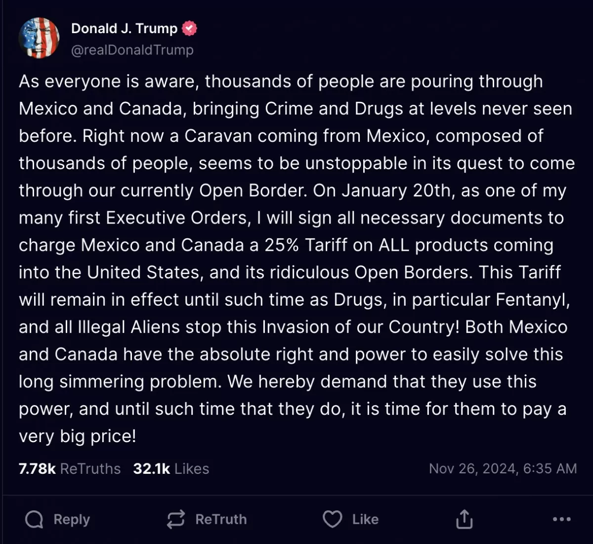 Bài đăng trên mạng xã hội Truth Social về chính sách dự kiến của ông trong việc tăng thuế nhập khẩu đối với Mexico và Canada. Ảnh: Truth Social Bài đăng trên mạng xã hội Truth Social về chính sách dự kiến của ông trong việc tăng thuế nhập khẩu đối với Mexico và Canada. Ảnh: Truth Social