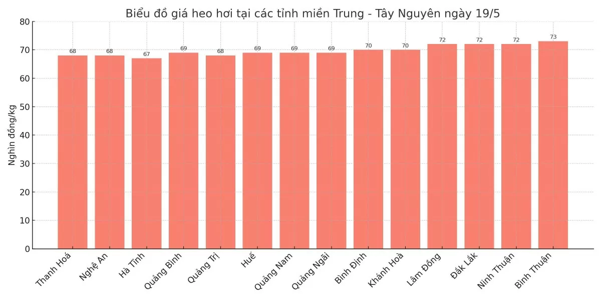 Biểu đồ giá heo hơi tại các tỉnh miền Trung - Tây Nguyên ngày 19/5. Biểu đồ giá heo hơi tại các tỉnh miền Trung - Tây Nguyên ngày 19/5.