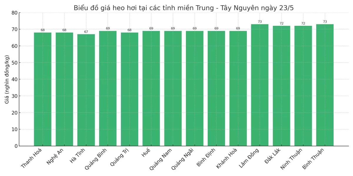 Biểu đồ giá heo hơi tại các tỉnh miền Trung - Tây Nguyên ngày 23/5.