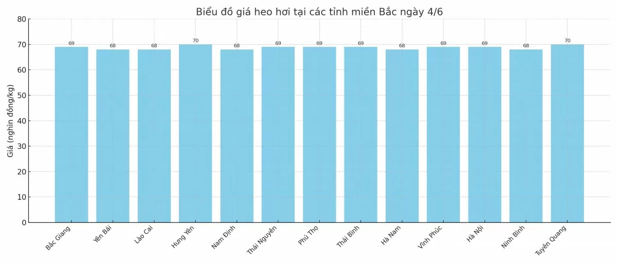 Biểu đồ giá heo hơi tại các tỉnh miền Bắc ngày 4/6. Biểu đồ giá heo hơi tại các tỉnh miền Bắc ngày 4/6.