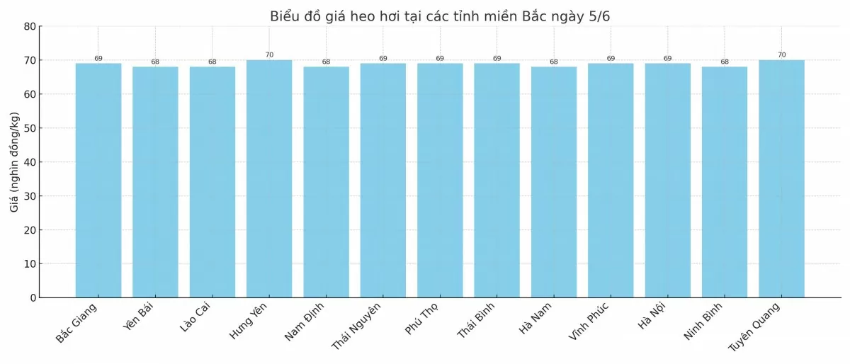 Biểu đồ giá heo hơi tại các tỉnh miền Bắc ngày 5/6.