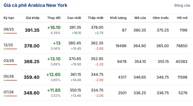 Giá cà phê Arabica New York sáng ngày 25/8/2025