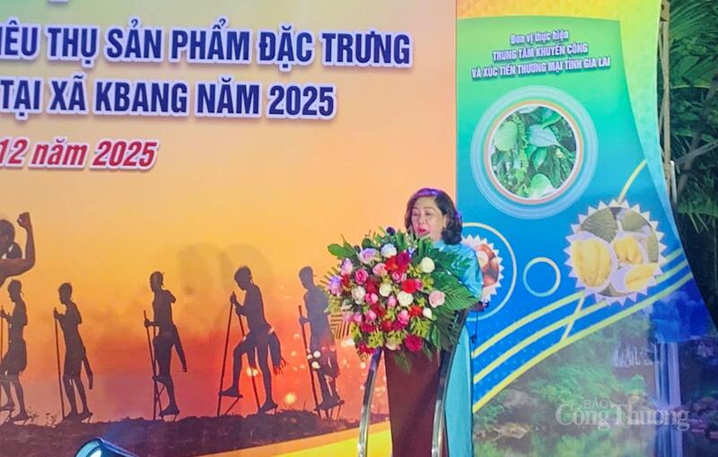 Bà Nguyễn Thị Bích Thu - Giám đốc Trung tâm Khuyến công và Xúc tiến thương mại (Sở Công Thương Gia Lai) phát biểu khai mạc.