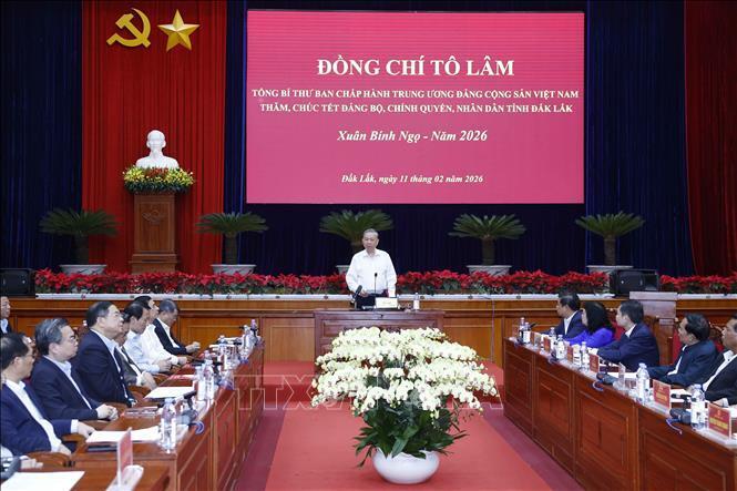 Tổng Bí thư Tô Lâm phát biểu tại buổi thăm, chúc tết Đảng bộ, chính quyền và Nhân dân tỉnh Đắk Lắk. Ảnh: TTX