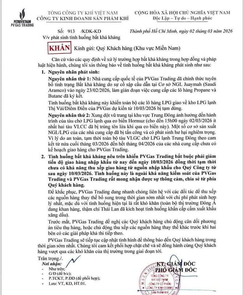 Văn bản PVGas Trading gửi khách hàng khu vực miền Nam về việc phát sinh tình huống bất khả kháng.