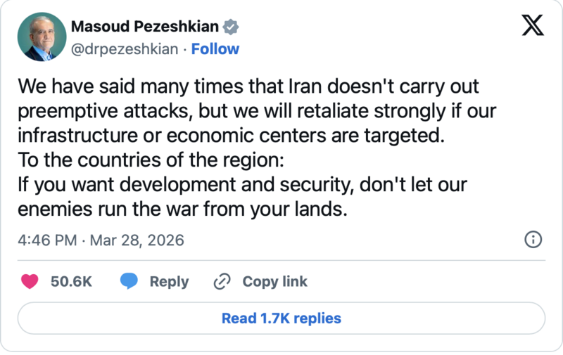 Tổng thống Iran Masoud Pezeshkian kêu gọi các quốc gia Vùng Vịnh tránh ủng hộ các hành động quân sự của Mỹ và Israel nhằm vào Tehran. Ảnh: X