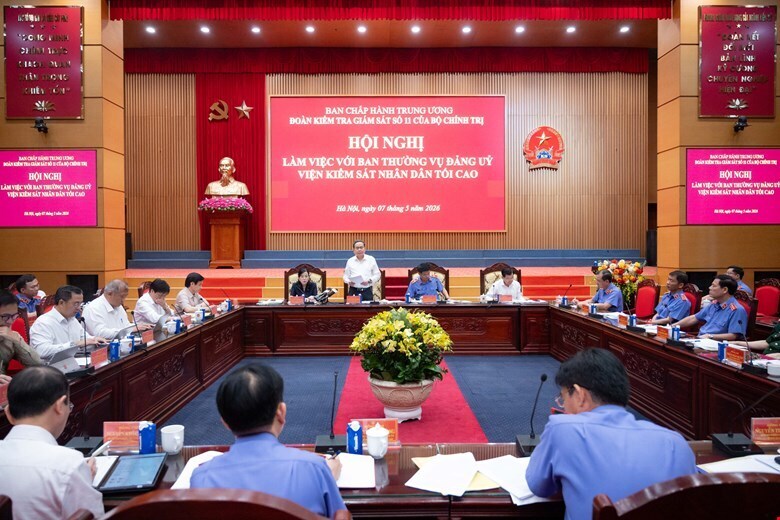 Đoàn Kiểm tra, giám sát số 11 của Bộ Chính trị do Ủy viên Bộ Chính trị, Chủ tịch Quốc hội Trần Thanh Mẫn làm Trưởng đoàn làm việc với Ban Thường vụ Đảng ủy Viện Kiểm sát nhân dân tối cao. Ảnh: Quochoi.vn.