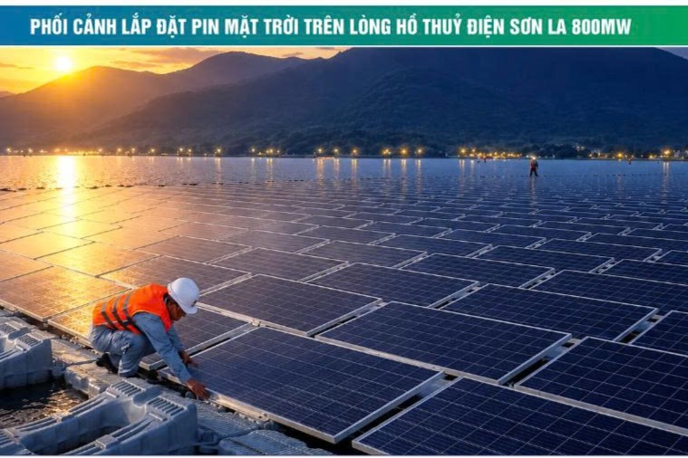 Phối cảnh lắp đặt pin mặt trời Dự án điện mặt trời nổi trên lòng hồ thủy điện Sơn La. Ảnh: Dự án cung cấp