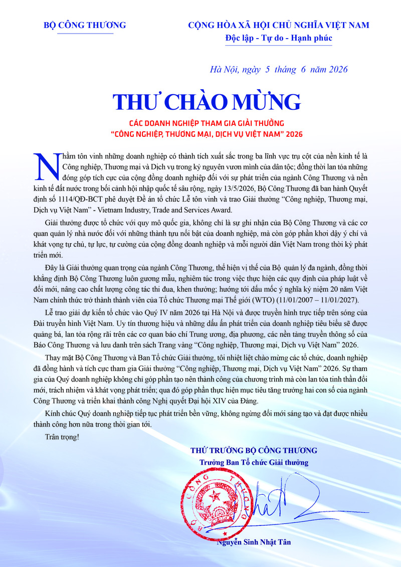 Thứ trưởng Nguyễn Sinh Nhật Tân gửi thư chào mừng doanh nghiệp tham gia Giải thưởng Công nghiệp, Thương mại, Dịch vụ Việt Nam - 1