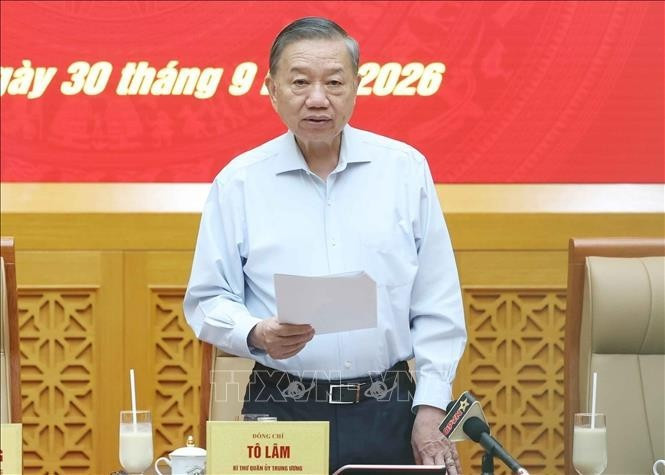 Tổng Bí thư, Chủ tịch nước Tô Lâm, Bí thư Quân ủy Trung ương phát biểu. Ảnh: TTXVN